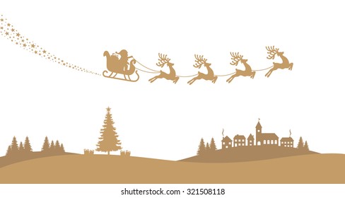 Santa Sleigh Reindeer Fly Landscape Gold Silhouette