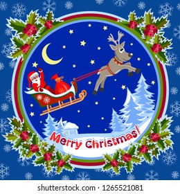 Santa in a sleigh and reindeer flying in the night sky