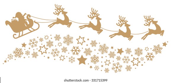 santa sleigh reindeer flying snowflakes gold silhouette