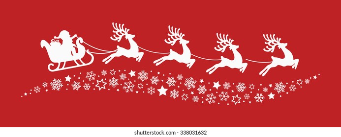 santa sleigh reindeer flying snowflakes stars red background