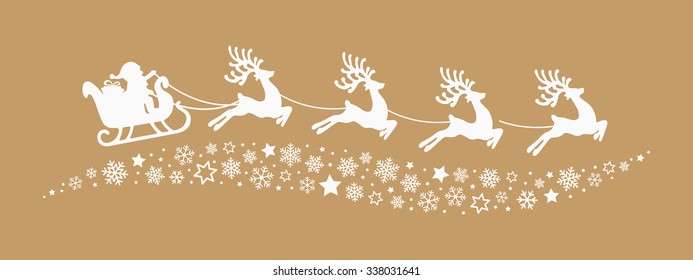 santa sleigh reindeer flying snowflakes stars gold background