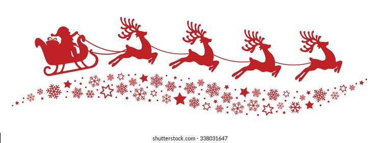 santa sleigh reindeer flying snowflakes red silhouette