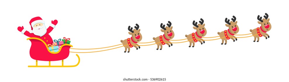 Santa, sleigh, reindeer, gifts isolated on white. Colorful Sled and presents icons. Flat cartoon vector illustration. Christmas card, design for online shop, web site. Horizontal banner