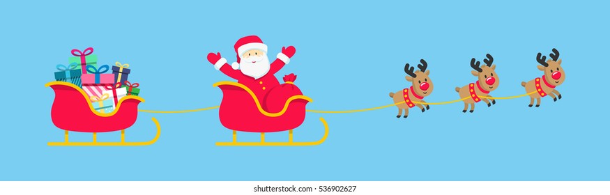 Santa, sleigh, reindeer, gifts isolated on blue. Colorful Sled and presents icons. Flat cartoon vector illustration. Christmas card, design for online shop, web site. Horizontal banner