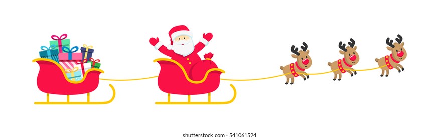 Santa, sleigh, reindeer, gifts isolated on white. Colorful Sled and presents icons. Flat cartoon vector illustration. Christmas card design for online shop, web site. Horizontal banner