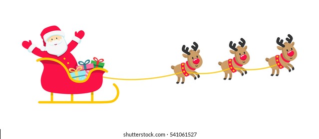 Santa, sleigh, reindeer, gifts isolated on white. Colorful Sled and presents icons. Flat cartoon vector illustration. Christmas card design for online shop, web site