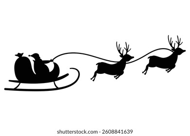 Santa Sleigh with Reindeer Silhouette  Black Vector Illustration
