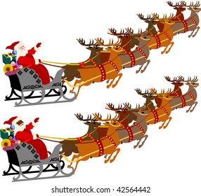 Santa with Sleigh and Reindeer, vector illustration of 2 versions.