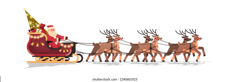 Santa in sleigh with reindeers merry christmas happy new year greeting card winter holidays concept isolated horizontal flat