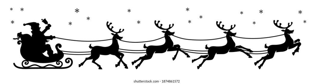 Santa in a sleigh with reindeers silhouette. Black vector silhouette isolated on white background.	