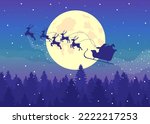 Santa sleigh with reindeers silhouette in the sky flat color vector illustration. Xmas holiday. Winter. Fully editable 2D simple cartoon characters with festive Christmas atmosphere on background
