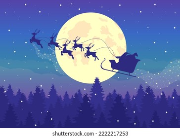 Santa sleigh con silueta de renos en la ilustración vectorial de color plano del cielo. Navidad. Invierno. Personajes de dibujos animados sencillos en 2D totalmente editables con ambiente festivo de Navidad en segundo plano