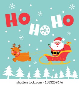 santa sleigh ride greeting card cartoon style
