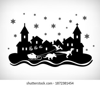 Santa sleigh rides, Christmas dinosaurs in the city on white background. Christmas cityscape with sleigh design. Vector Santa Claus silhouette rides in a sleigh with dinosaurs.