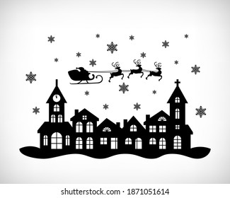 Santa sleigh rides, reindeers flying over the city skyline on white background. Christmas cityscape design. Vector Santa Claus silhouette rides in a sleigh in harness on the reindeers.