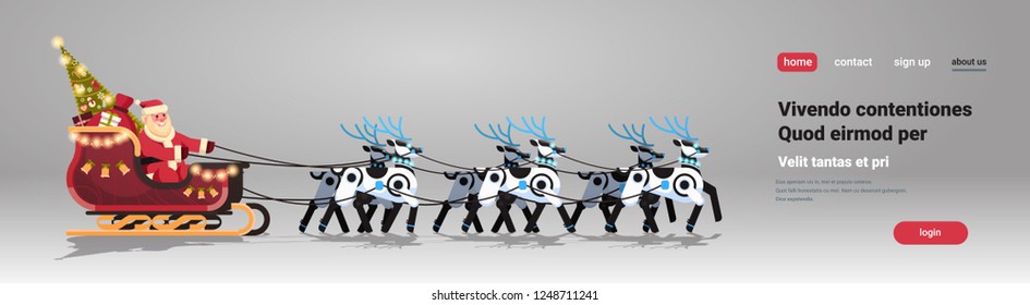 Santa in sleigh with robot reindeers artificial intelligence merry christmas happy new year greeting card winter holidays concept horizontal flat copy space