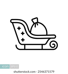 Santa sleigh with sack gifts vector icon. Winter sign. Graph symbol for event and holiday web site and apps design, logo, app, UI