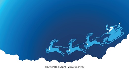 Santa sleigh silhouette in blue sky with clouds. Santa Claus flies through the sky in sleigh pulled by reindeer and rings bell. Christmas vector background template