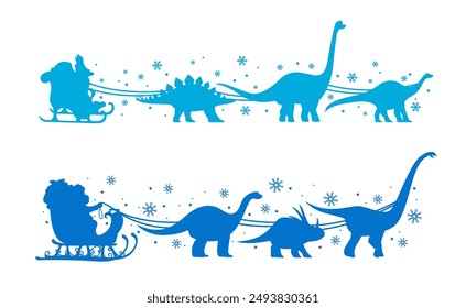 Silueta de trineo de Santa con dinosaurios. Sombras caprichosas de Vector azul de Papá Noel montando trineo tirado por especies animales de dinosaurio en lugar de renos con copos de nieve esparcidos en un ambiente festivo invernal