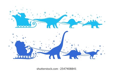 Santa sleigh silhouette with dinosaurs and falling snowflakes. Blue vector shadows of saint Nicholas riding in his sled pulled by prehistoric dino animals, playful traditional winter Christmas scene