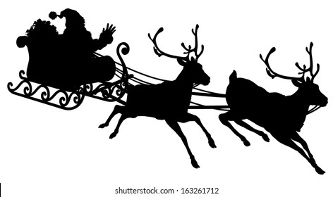 Santa Sleigh Silhouette illustration of Santa Claus in his sleigh flying through the sky being pulled by his reindeer 