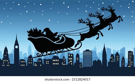 Santa Sleigh Silhouette soaring over an urban skyline at night. Santa Sleigh Silhouette is perfect for festive decorations or holiday-themed projects.