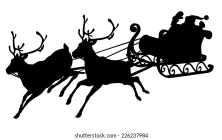 Santa sleigh silhouette of waving Santa Claus in his sleigh and reindeer