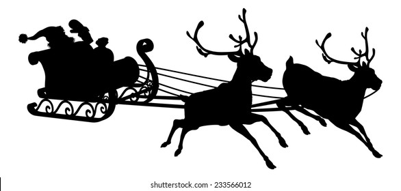 Santa sleigh silhouette of waving Santa Claus in his sleigh and reindeer