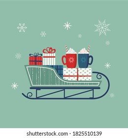 Santa Sleigh vector icon. Christmas snow sledge with gift present boxes, hot cocoa mugs. Flat simple minimal style in retro colors. Winter holiday season new year event design element illustration