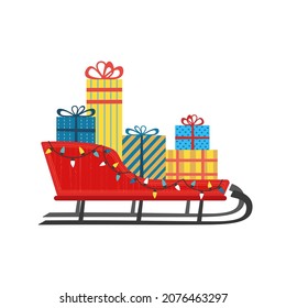 Santa Sleigh vector icon. Christmas lights decorated snow retro style sledge with gifts present boxes design element illustration. Winter holiday season new year event festive shopping sale background