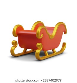 Santa sleighs with place for presents. Concept of Christmas and Happy new year element for decoration. Vector illustration in 3d realistic style with red and gold elements