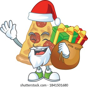 Santa slice of pizza Cartoon drawing design with sacks of gifts. Vector illustration