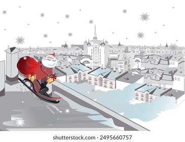 Santa slides down from the roof  with a bag of presents  in the old city. Christmas greeting card background poster. Holy Night. Vector illustration.