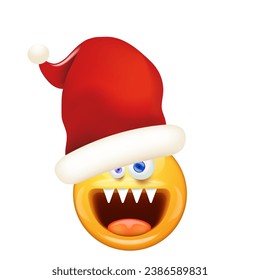 Santa Smiling Face with monster mouth and eyes isolated on white background. Yellow monster santa smiley face character with santa hat. Merry Christmas concept illustration, sticker, print and icon