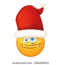 Santa Smiling Face with monster mouth and eyes isolated on white background. Yellow monster santa smiley face character with santa hat. Merry Christmas concept illustration, sticker, print and icon