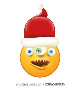 Santa Smiling Face with monster mouth and eyes isolated on white background. Yellow monster santa smiley face character with santa hat. Merry Christmas concept illustration, sticker, print and icon