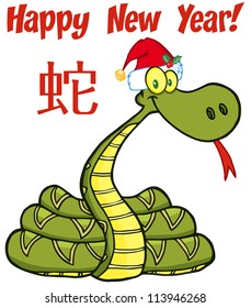 Santa Snake Cartoon Character With Text And Chinese Symbol