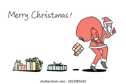 Santa is sneaking and a gift box is coming out of his pocket. hand drawn style vector design illustrations. 