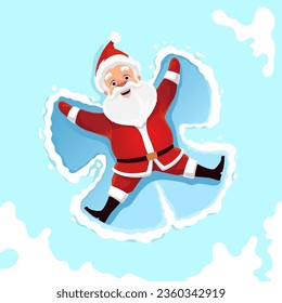 Santa snow angel. Cartoon funny Christmas Santa joyfully sprawls in fresh snow, arms and legs outstretched, creating angelic shape with his fluffy white beard and red suit against the winter landscape