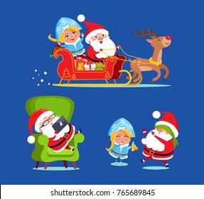 Santa and snow maiden icons isolated on dark blue background. Vector illustration with Santa and his friend sitting flying sledge with presents in boxes