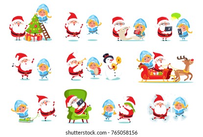 Santa and Snow Maiden life, decoration tree, singing and playing game together, delivering gifts, playing music with snowman vector illustration