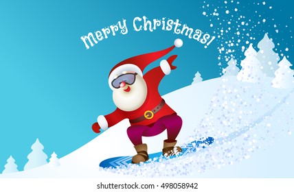 Santa snowboarding. Merry Christmas card with snow landscape. Vector illustration for your design. Old man cartoon character. Christmas and New Year theme