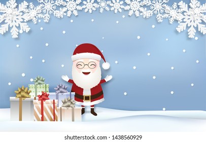 Santa with Snowflake and gift boxes Christmas season Paper art, Paper cut style illustration