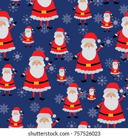 Santa and snowflakes on blue background seamless pattern