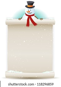 Santa Snowman Background/ Illustration of a cartoon Santa snowman character holding white parchment sign for christmas and winter holidays or children gift list