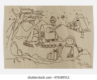 Santa and Snowman Christmas card,Winter holidays landscape with wooden sign. 