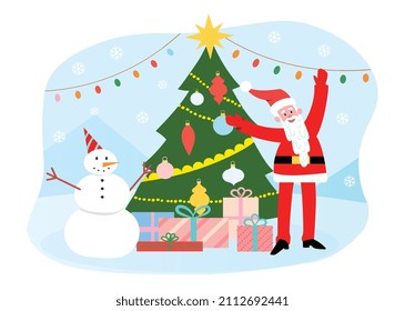 Santa with snowman. Christmas characters decorate Christmas tree. Winter holidays and new Year, stylish design for greeting cards and bags. Image for wrapping paper. Cartoon flat vector illustration