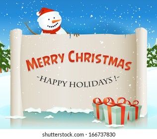 Santa Snowman And Christmas Parchment Background/ Illustration of a cartoon happy santa snowman character holding white parchment scroll, for merry christmas winter holidays and children gift list