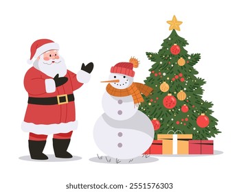 Santa with snowman and Christmas tree festive scene with gifts snowman in scarf and hat decorated tree with ornaments holiday theme