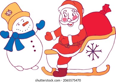 Santa and Snowman. Christmas Vector Illustration for banner and postcard